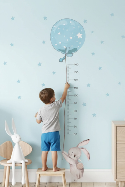 KT Decor مجموعة ملصقات حائط لقياس ارتفاع الأرنب مع بالونات زرقاء