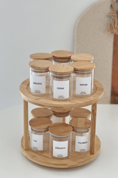 Dekorzdükkan مجموعة مكونة من 12 برطمان توابل دائري مع حامل دوار وغطاء من الخي...