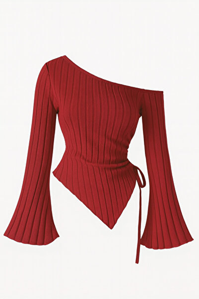 ARK MAĞAZALARI Women's Burgundy Asymmetrical One-Shoulder Knitwear Blouse – Spanish Sleeve, Drawstring Detail