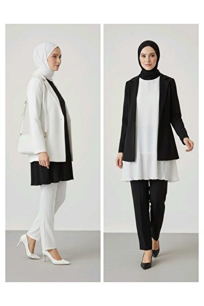 moda benna Women's Pleated Undergarment Black-Ecru 2-Piece Set Hijab Shirt Pleated Tunic Blouse T-Shirt