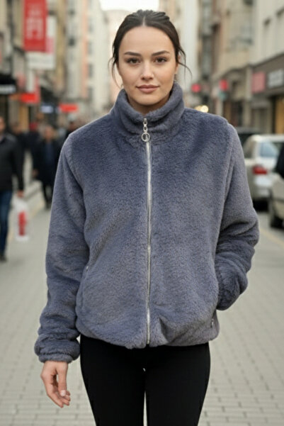 Giyyin فرو نسائي رمادي ناعم ومبطّن