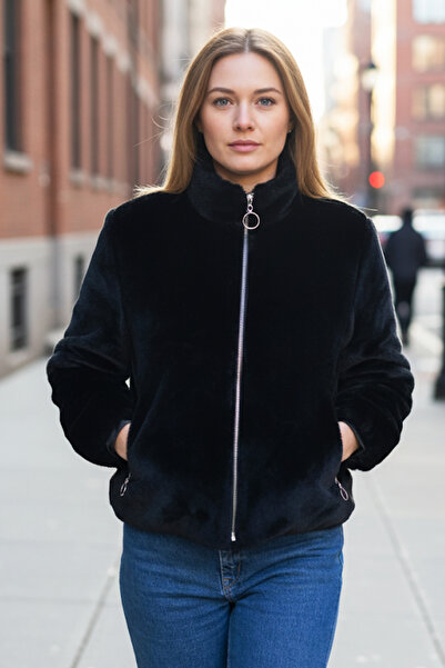 Giyyin Palton de damă cu fermoar, căptușit cu blană de pluș de iepure negru