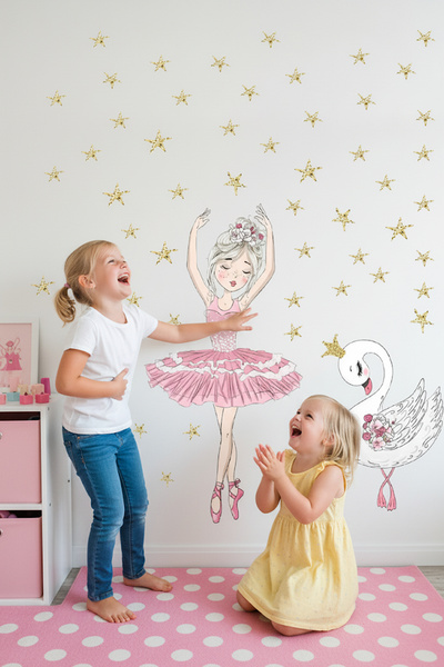 KT Decor Kız Çocuk Odası Pembe Balerin Ve 70 Adet Yıldız Duvar Sticker Seti