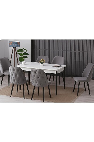 HELMOD Nil Serisi 80-130 Mdf Açılabilir Beyaz Mutfak Masası Takımı Yemek Odası 6 Adet Sandalye