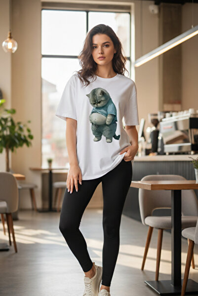 UNCİA OUTDOORS Γυναικείο μπλουζάκι από βαμβακερό oversize με στάμπα Fat Cat