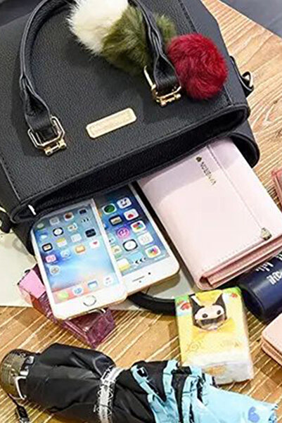 dorbe Chic Everyday Faux Leather Handbag With Pom Pom Charm