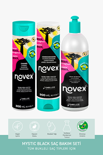 NOVEX Mystic Black - Kuru Bukleli Saçlar Için Onarıcı Şampuan + Saç Kremi + D...