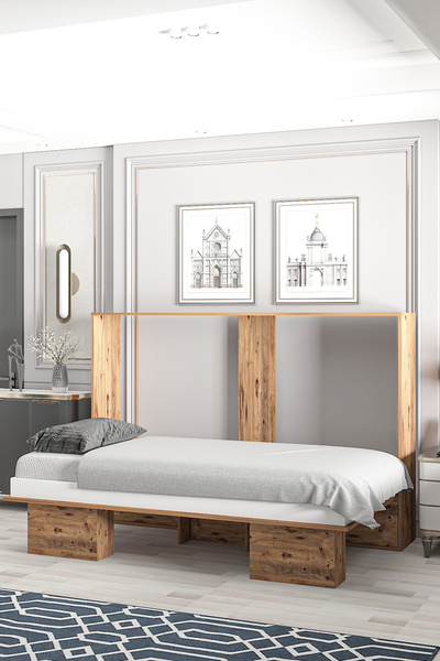 Ninnimo Akıllı Still 90x190 Yatak Uyumlu Yatay Açılır Duvar Yatağı Antik Çam Karyola