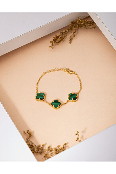 Roza Silver 925 Ayar Yeşil Kaplangözü Taşlı Gold Üçlü Yonca Gümüş Bileklik
