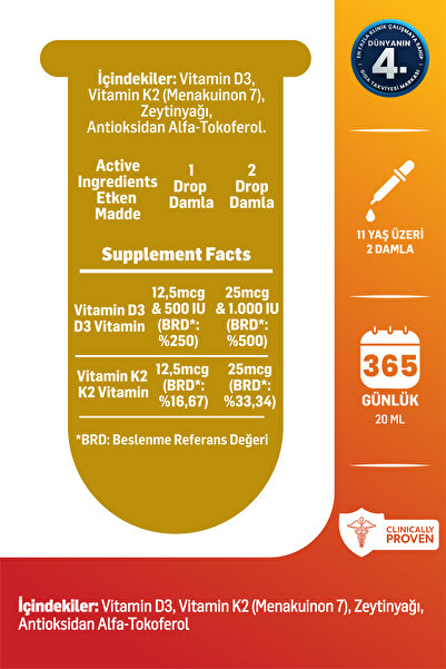 Kiperin D3K2 | Vitamin D3 (1000 IU) & K2 (25mcg) | Kaliteli İçerik | Pureness For Health İlkesi | 365 Damla