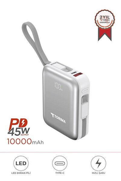 Torima TRM-1018 Beyaz 10000 mAh Type-C Lightning 45 W Hızlı Şarj Dijital Göstergeli Powerbank