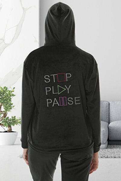 Bella Linda Σετ γυναικεία αθλητική φόρμα με κουκούλα μαλακό βελούδινο κέντημα