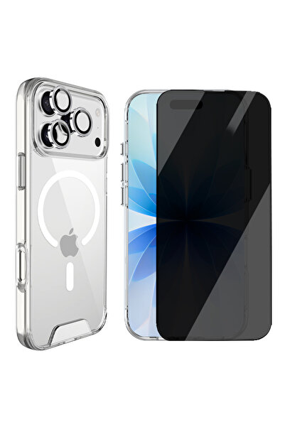 Glassology جراب مغناطيسي شفاف + واقي شاشة للخصوصية + واقي عدسة فضي لهاتف iPho...