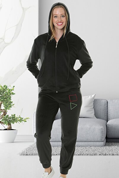 Bella Linda Σετ γυναικεία αθλητική φόρμα με κουκούλα μαλακό βελούδινο κέντημα