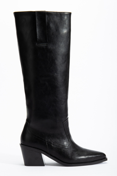 DENORA Siyah Mat Deri Düz Binici Western Kovboy Bot Çizme