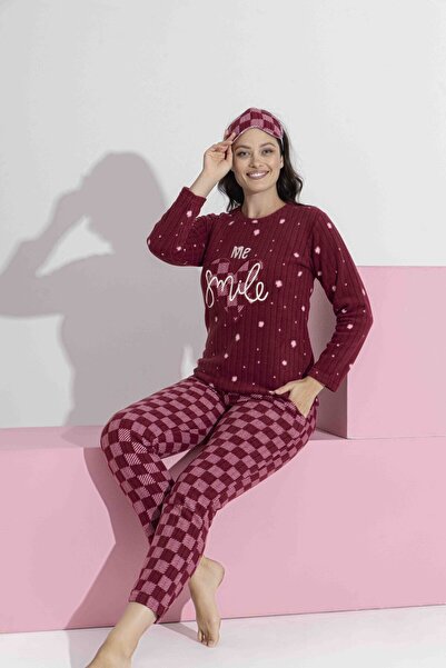 Tarık Kadın Mürdüm Dama Desen Anne-Kız Kombin Uzun Kol Polar Peluş Kumaş Kışlık Sıcak Tutan Pijama Takımı