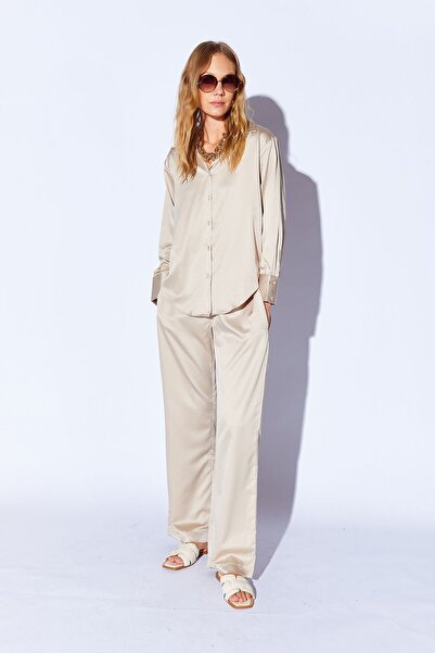 Manche Bej Saten Palozzo Kesim Beli Lastikli Kadın Pantalon | MKS669594-01