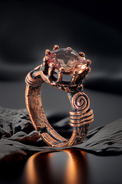 Otto Man Steel Jewelry Kadın Bakır Yüzük Zultanit Taşlı Ağaç Kabuğu Desenli A...