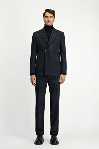 Kiğılı Slim Fit Çizgili Yünlü Kruvaze Kapama Takım Elbise