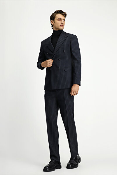 Kiğılı Slim Fit Çizgili Yünlü Kruvaze Kapama Takım Elbise