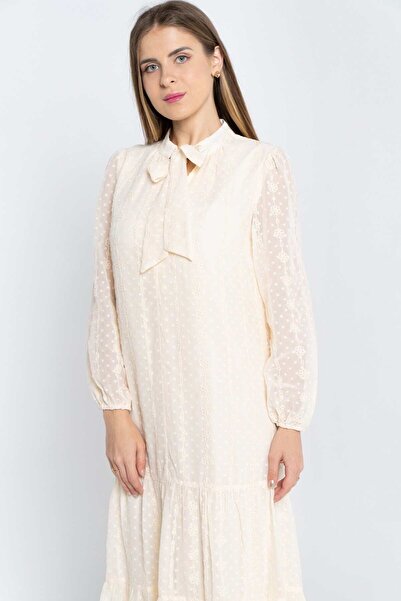 Nichii Women's Long Sleeve Midi Chiffon Dress with Bow Tie Collar