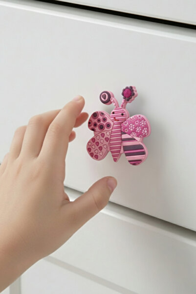 MegaVitrin Pink Butterfly Kids Room Furniture Handle - Single Screw - Polyester Cabinet and Drawer Handle
