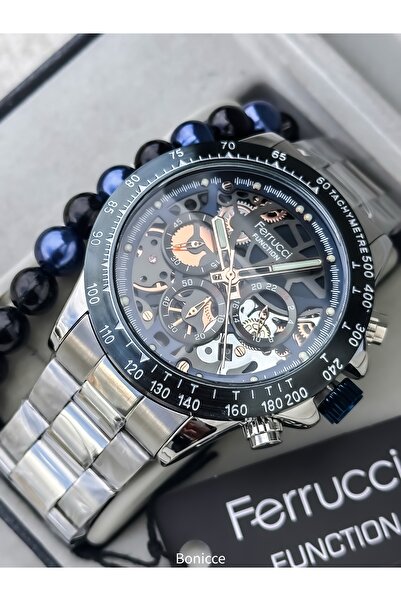 Ferrucci Brand Rose Navy Blue Color Steel Cord Men's Wristwatch with Bracelet Gift