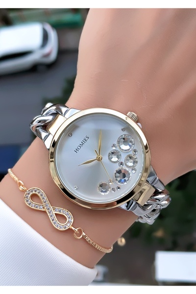 Homies Altın Gümüş Renk Zincir Model Kadın Kol Saati Bileklik Hediyeli