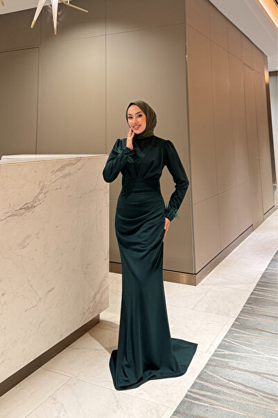 Tarzım Tuba Tailored Zara Fabric Sleeves Tassel Hijab Green Evening Dress