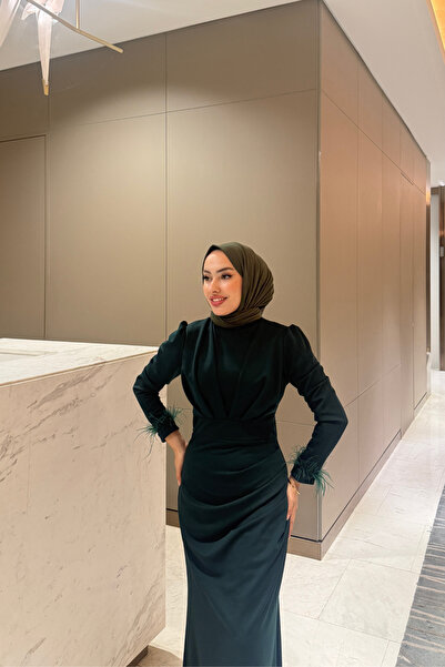 Tarzım Tuba Tailored Zara Fabric Sleeves Tassel Hijab Green Evening Dress