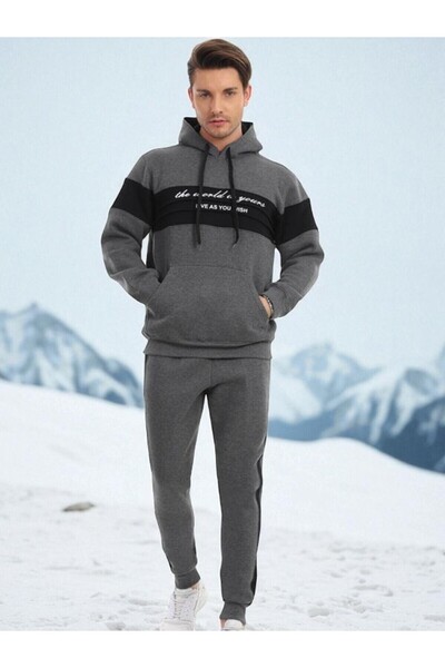 KozaLüks Men's Hooded Tracksuit Set with 3 Threads – Winter Sports and Casual Combination