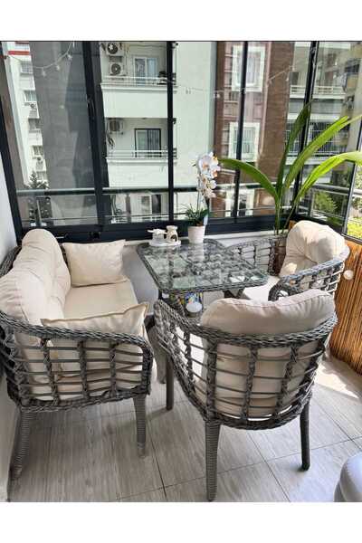Tu Tienda KARTEPE 2 1 1 RATTAN BAHÇE BALKON TAKIMI,GRİ RATTAN/KREM KUMAŞ