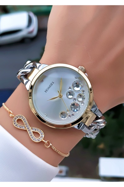 Homies Altın Gümüş Renk Zincir Model Kadın Kol Saati Bileklik Hediyeli