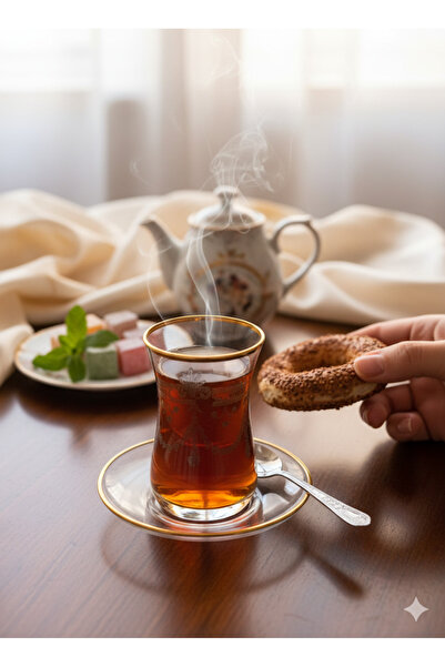 DECOSTYLE PANTOĞRAF Taç Fğme Paşabahçe lüsterli cam Tabaklı 12 Parça Çay seti 165 cc