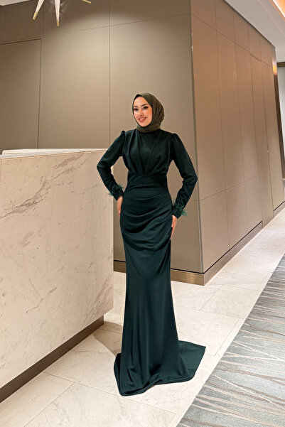 Tarzım Tuba Tailored Zara Fabric Sleeves Tassel Hijab Green Evening Dress