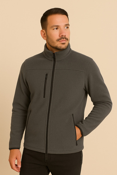 Butik Unisex Gray Anti-Pilling Non-Pilling Standard Fit Full Zipper Cold-Proo...