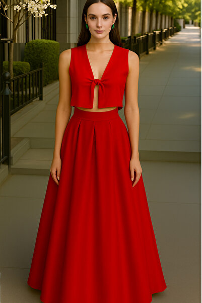 NSMLİFE Women's Red Pocketless Pleated A-Line Evening Skirt