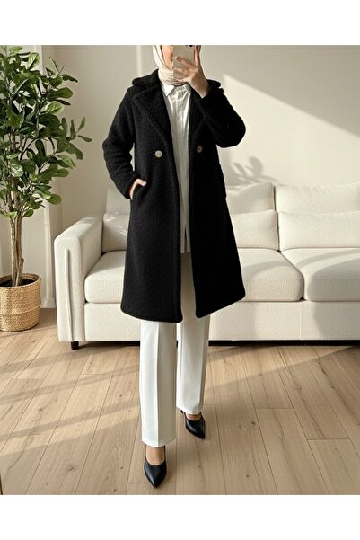 Modamorfo Double button lined side pocket plush coat -black