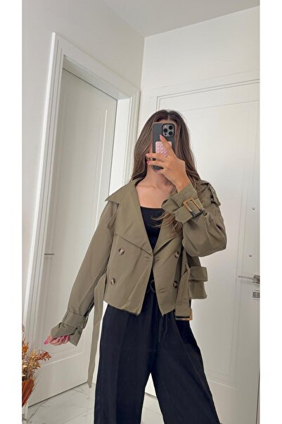 Solie Haki Renk Kuşaklı Kısa Trençkot