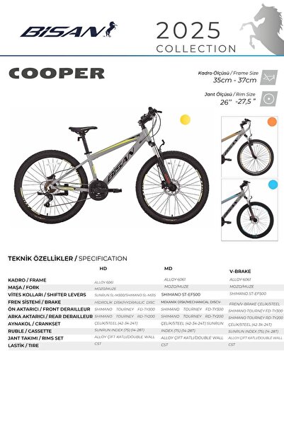 Bisan Cooper Dağ Bisikleti 27.5 Jant 21 Vites 37 Cm Alüminyum Kadro Mekanik Disk Fren Açık Gri Sarı Unisex