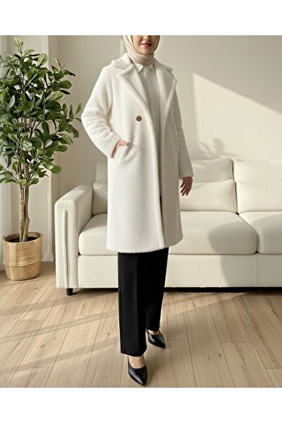 Modamorfo Double buttoned lined side pocket plush coat - ecru