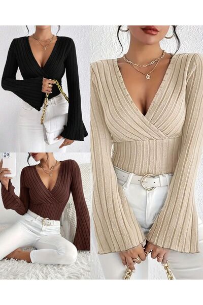 bemmoda Női 3 színű szett, 3 darabos, csíkos mintás pamut spanyol ujjú blúz