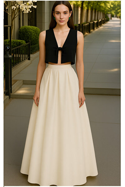 NSMLİFE Жіноча бежева спідниця без кишень з плісированим силуетом А-лінії