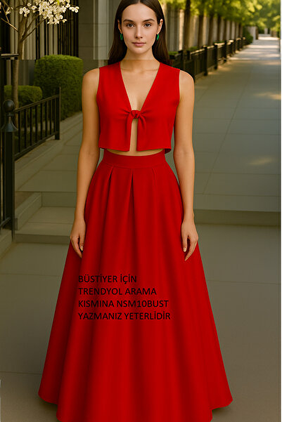 NSMLİFE Women's Red Pocketless Pleated A-Line Evening Skirt