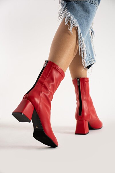 FSKOMBİN Vista Streç Kırmızı Deri Kadın Topuklu Bot