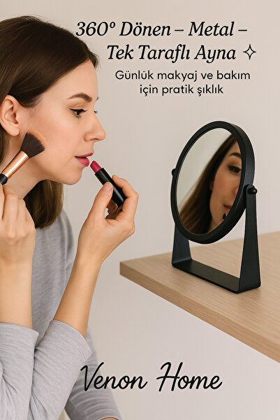 VENON 360°Döner Başlıklı Siyah Metal Makyaj Aynası Masa Üstü Dekoratif & Kull...