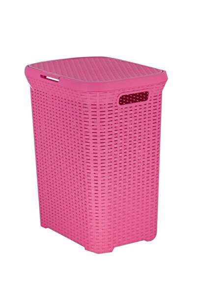 Saban 2'li Set Hasır Desenli Plastik Pembe Çamaşır Sepeti & Pembe Çamaşır Selesi