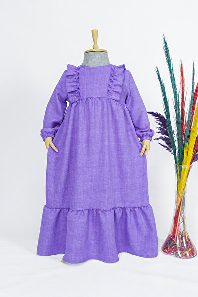 Betül Akbay Kız Çocuk Keten Elbise Buse Model Uzun Tesettür Tam Boy Elbise Lila