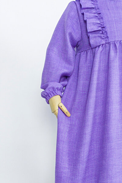 Betül Akbay Kız Çocuk Keten Elbise Buse Model Uzun Tesettür Tam Boy Elbise Lila