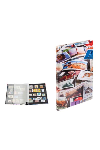 Leuchtturm Pul Defteri Hobby Stamp S, A4 , 16 Sayfa, Siyah Zemin, Pul Motifli Kapak